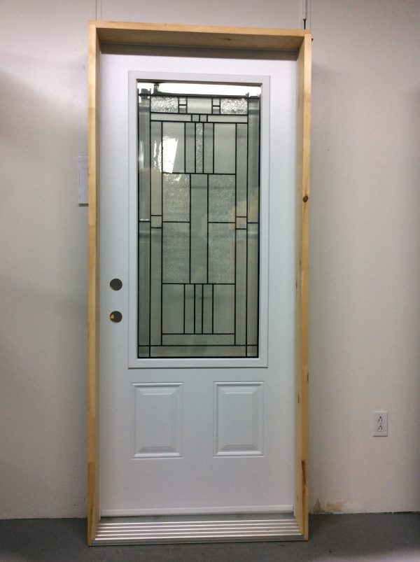 1193PSM Porte d'acier 34"D Blanche Vitrail cachet patiné  23x49